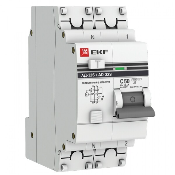Выключатель автоматический дифференциальный АД-32 (селективный) 1п+N 50A C 100мА тип AC PROxima | DA32-50-100S-pro | EKF